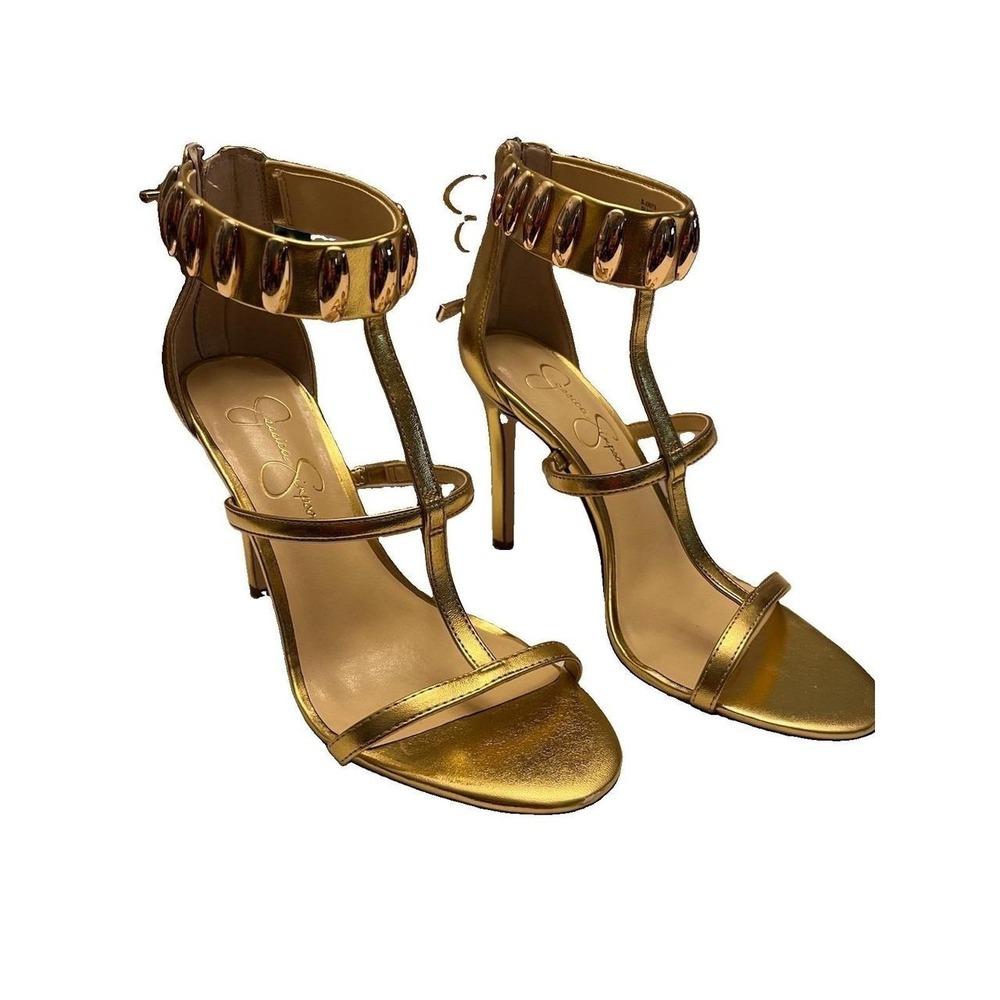JESSICA SIMPSON Women's Gold Studded Shoes Juniya  4" Heel Zips In Back Sz 8M